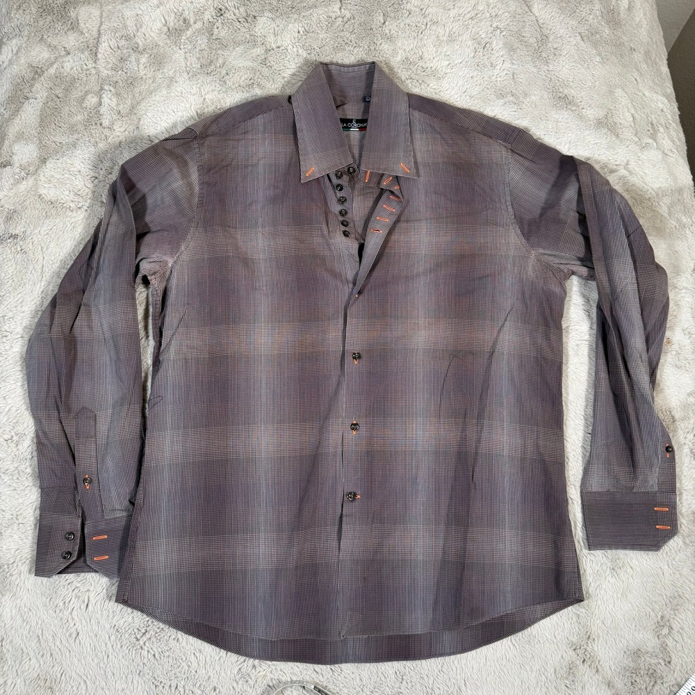 La Corona Roma Plaid Dress Shirt Button Down Long Sleeve Made in Italy 17.5‎